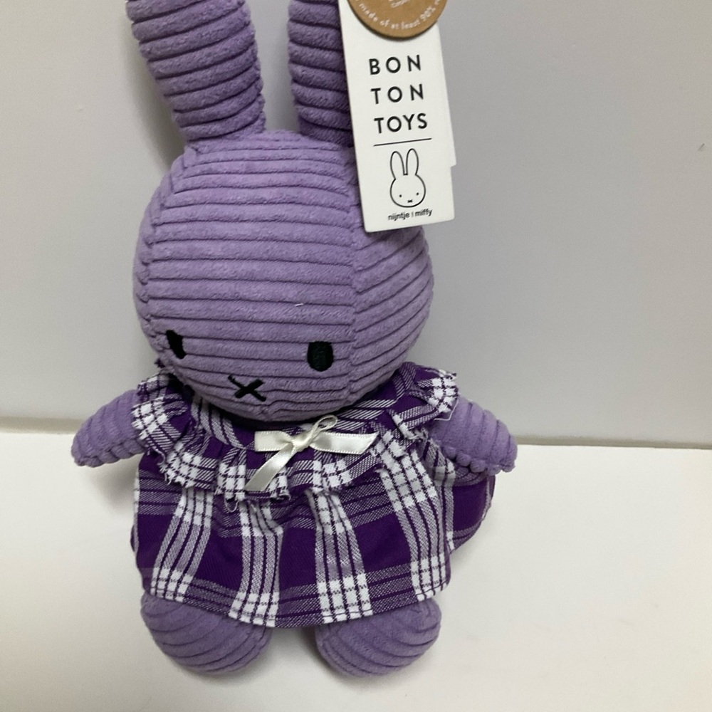Bonton Lavender Plush Bunny in Purple Plaid Dress